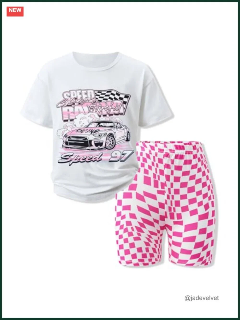 Girls 2 Piece Summer Outfit Car Print T-Shirt & Plaid Shorts Set